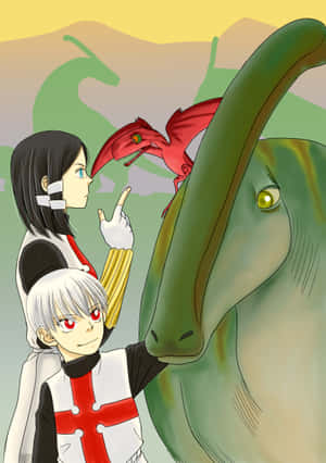 Anime Characterswith Dragonand Dinosaur Wallpaper