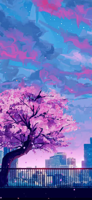 Anime Cherry Blossom Urban Sunset Wallpaper