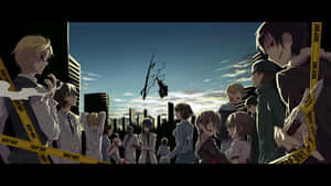 Anime Cityscape Caution Tape Wallpaper