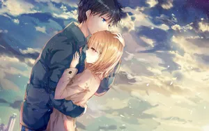 Anime Couple Embrace Under Starlit Sky Wallpaper