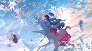 Anime Couple Embracing Under Cherry Blossoms Wallpaper