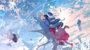 Anime Couple Embracing Under Cherry Blossoms Wallpaper
