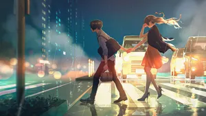 Anime Couple Passing On Pedestrian Crossing Wallpaper