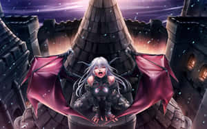 Anime Demon Girl On Castle Rooftop Wallpaper