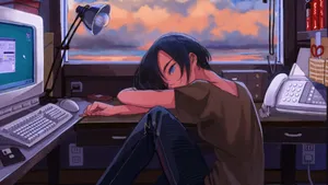 Anime Evening Computer Setup Wallpaper