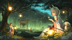 Anime Fox Spirit In Forest Wallpaper