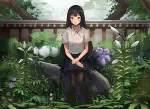 Anime Garden Long Black Hair Girl Wallpaper