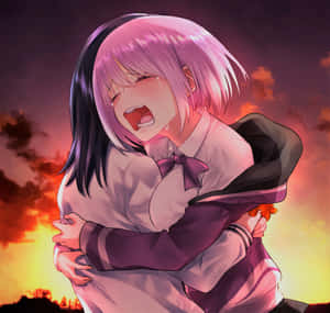 Anime Girl Crying Against Sunset Background Wallpaper