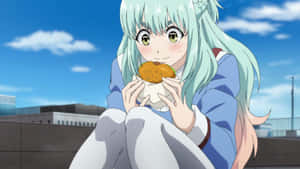 Anime Girl Eating Burger Outdoors Wallpaper