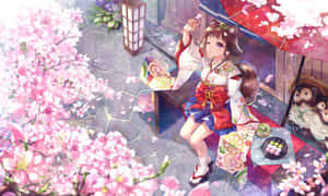 Anime Girl Enjoying Cherry Blossom Season Wallpaper