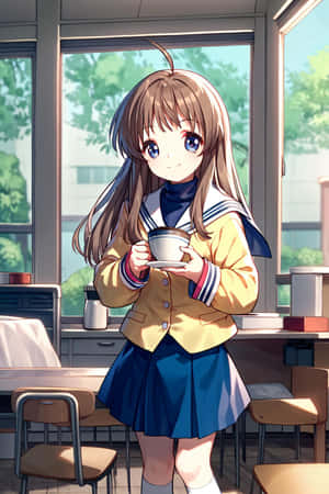 Anime Girl Enjoying Coffeeat School Wallpaper