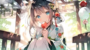 Anime Girl Enjoying Lollipop Outdoors Wallpaper
