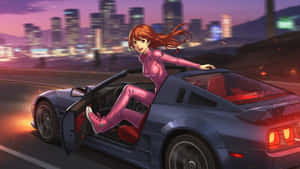 Anime Girl Exiting Sports Car Wallpaper