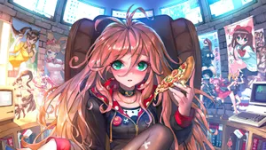 Anime Girl Gamer Room Pizza Break Wallpaper