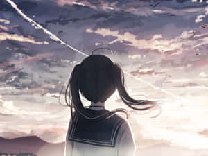 Anime Girl Gazingat Sunset Sky Wallpaper