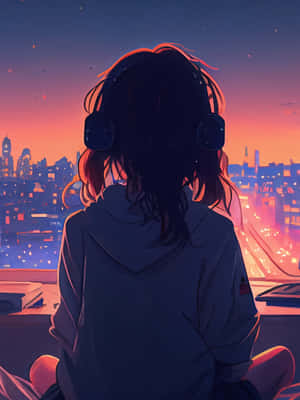 Anime Girl Headphones Cityscape Twilight Wallpaper