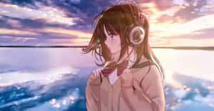 Anime Girl Headphones Sunset Reflection Wallpaper