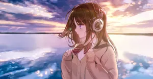 Anime Girl Headphones Sunset Reflection Wallpaper
