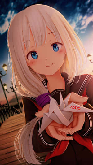 Anime Girl Holding Paper Cranesat Dusk Wallpaper