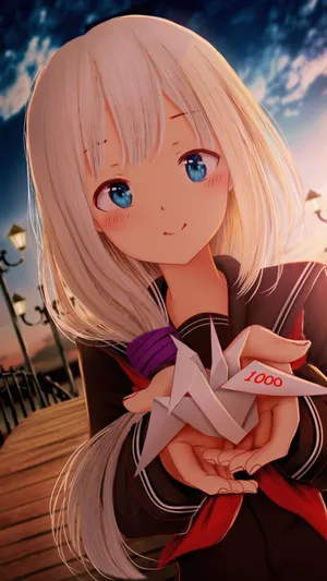 Anime Girl Holding Paper Cranesat Dusk Wallpaper