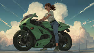 Anime Girl On Green Motorcycle Wallpaper