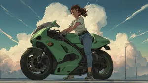 Anime Girl On Green Motorcycle Wallpaper