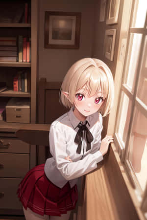 Anime Girl Smilingby Window Wallpaper