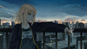 Anime Girl Smoking Cityscape Wallpaper