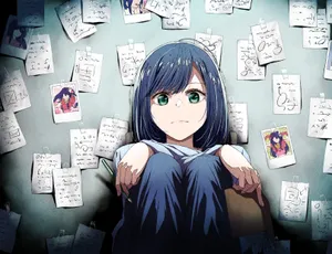 Anime Girl Surroundedby Notes Wallpaper