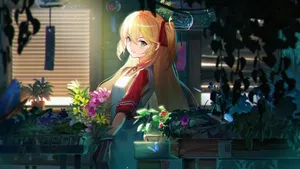 Anime Girl Surroundedby Plantsin Sunlit Room Wallpaper