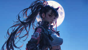 Anime Girl Under Full Moon Wallpaper