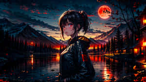 Anime Girl Under Red Moon Wallpaper