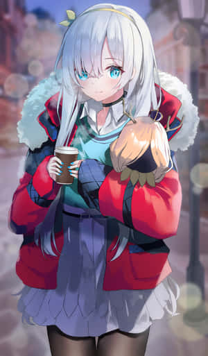 Anime Girl Winter Scenery Holding Coffee Wallpaper