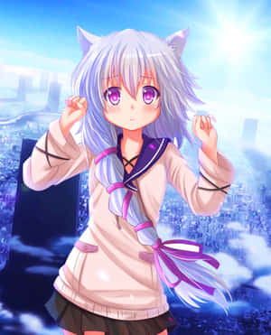 Anime Girl With Cat Ears Overlooking Cityscape Wallpaper