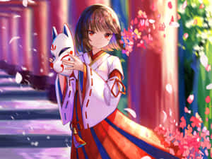 Anime Girl With Fox Mask At Festival Wallpaper