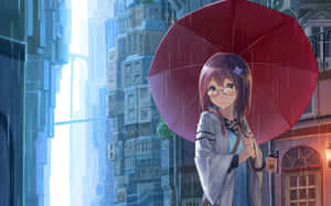 Anime Girl With Red Umbrella Rainy Cityscape Wallpaper