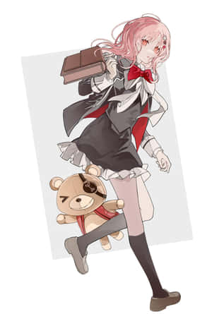 Anime Girl With Teddy Bearand Satchel Wallpaper