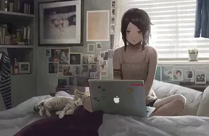 Anime Girl Working With Laptop On Bed Wallpaper