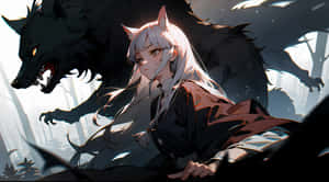 Anime Girland Black Wolf Forest Standoff Wallpaper