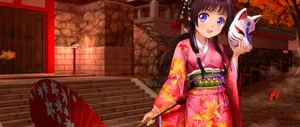 Anime Girlin Kimonowith Fox Mask Wallpaper