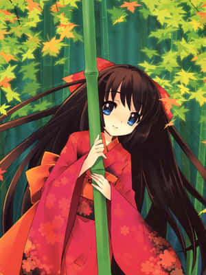 Anime Girlin Traditional Red Kimono Wallpaper