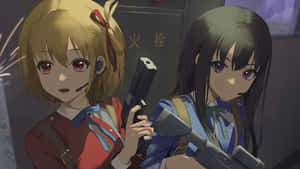 Anime Girls Gun Battle Intense Action Wallpaper