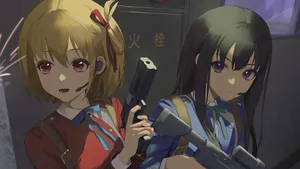 Anime Girls Gun Battle Intense Action Wallpaper