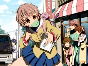 Anime Girlwith Cameraand Friends Wallpaper