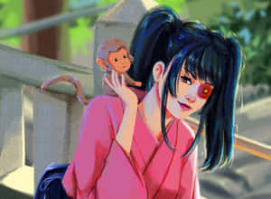 Anime Girlwith Monkeyand Flower Eye Wallpaper