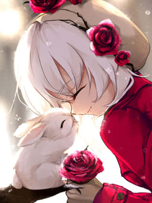 Anime Girlwith White Rabbitand Roses Wallpaper