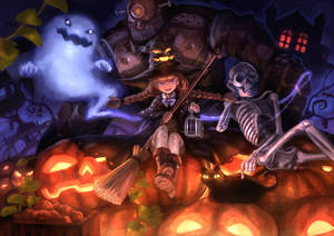 Anime Halloween Girl Hanging With Ghost, Skeleton, Robot Wallpaper