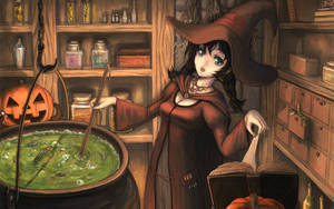 Anime Halloween Witch Brewing Potion Wallpaper