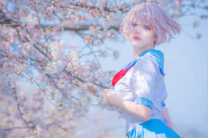 Anime Inspired Cosplay Among Cherry Blossoms Wallpaper