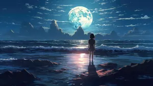Anime Moonlit Ocean Scene Wallpaper